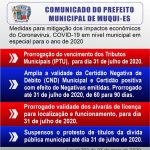 O Municipio de Muqui buscando mitigação dos impactos econômicos da pandemia do coronavírus, prorroga os vencimentos dos tributos municipais para 31 de julho de 2020