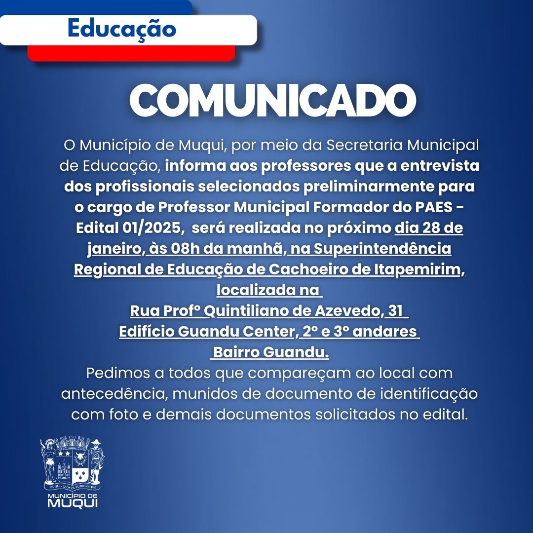 Educação – Edital 01/2025 – Entrevista na SRE dia 28 de Janeiro às 08 horas.