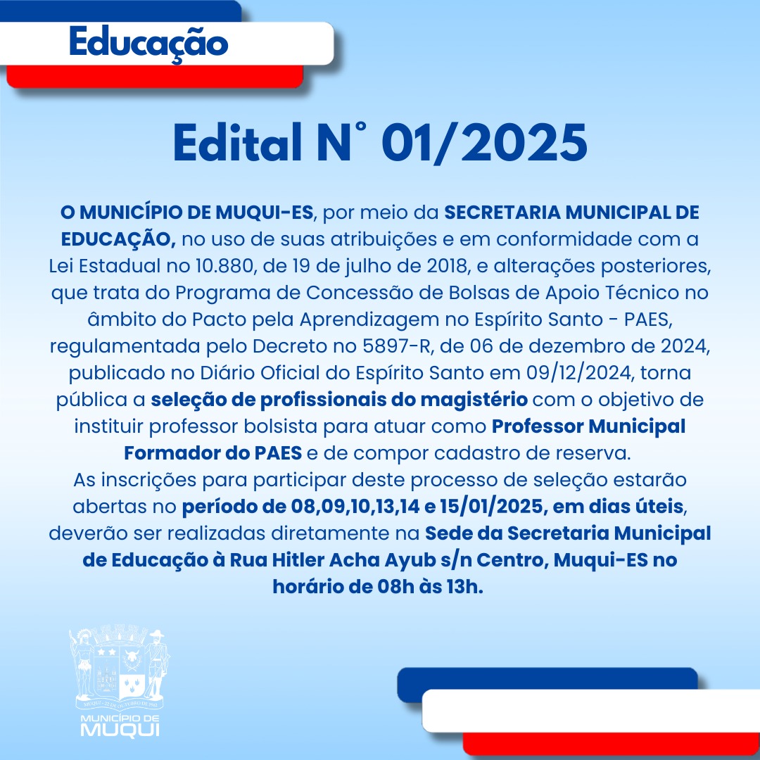 Resultado preliminar do processo seletivo de Professor Municipal Formador do PAES – Muqui/ES